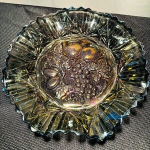 Vintage, Carnival Glass, Fruit Bowl by Federal Glass, Smokey Gray Iridescent 11"
